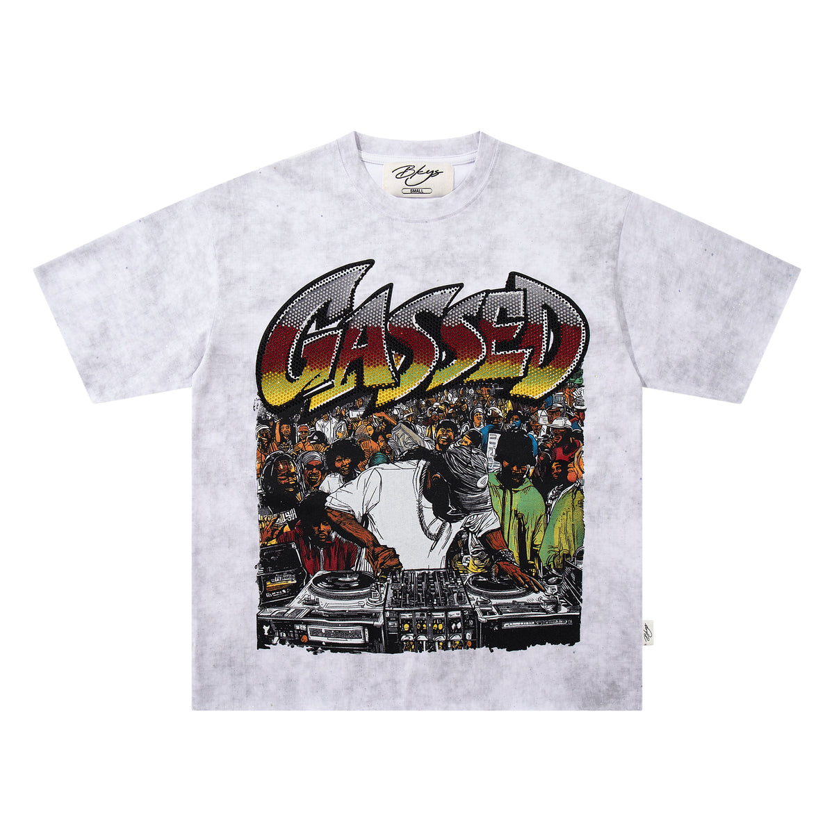 BKYS Cased DJ Star Rhinestone White Washed Oversized Graphic T-Shirt